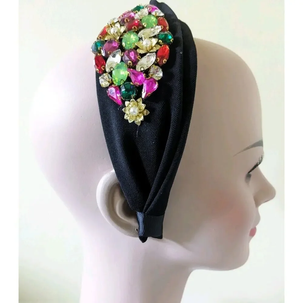 Elegant Black Jeweled Headband Multicolor Stones Rhinestones New Bling Party